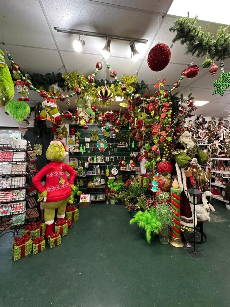 Fun Grinch-themed Christmas ornaments display at Bredbo Christmas Barn