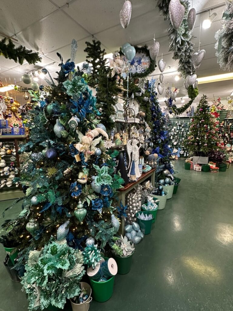 Green and blue toned Christmas ornaments section at Bredbo Christmas Barn