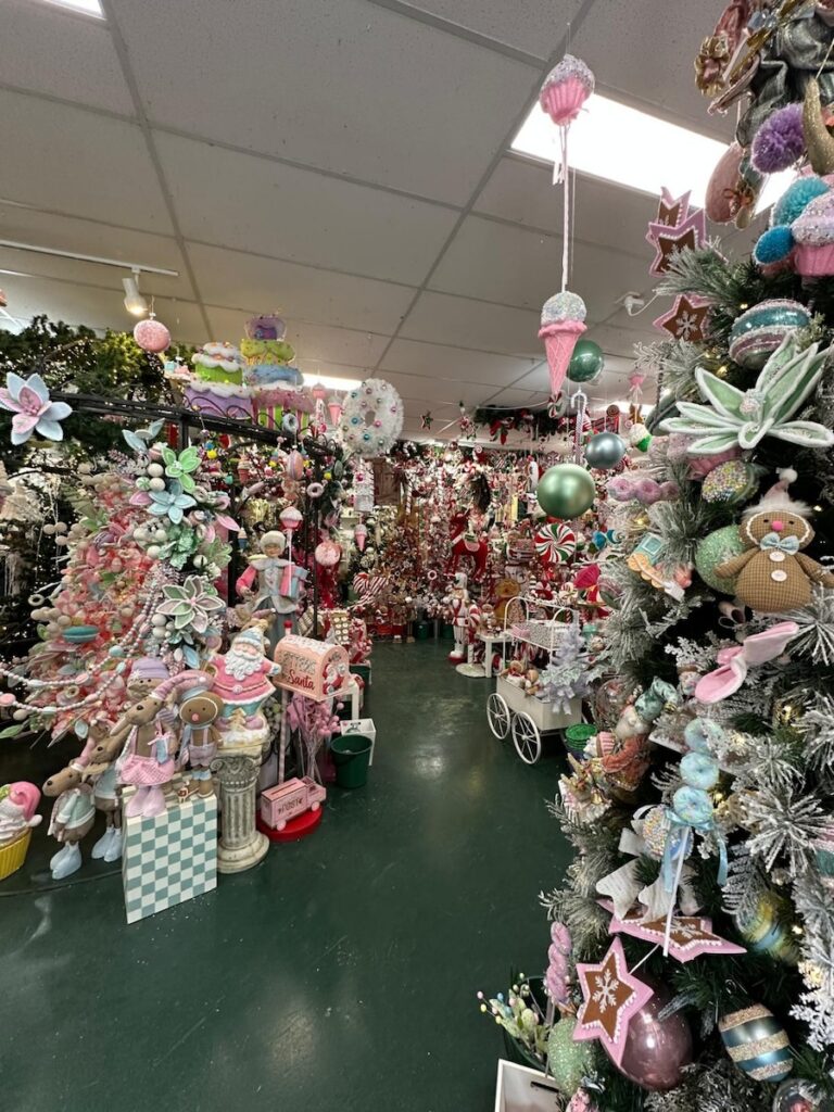 Pastel pink and sky blue Christmas ornaments section at Bredbo Christmas Barn