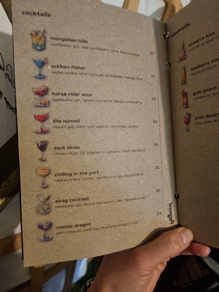 Naadam Restaurant Canberra cocktail menu with various creative drinks