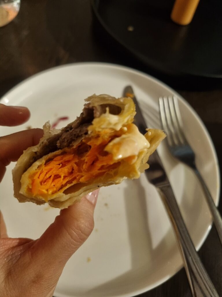Inside Round Beef Pocket with carrot, beef, jalapeño, sriracha-mayo sauce at Naadam Canberra