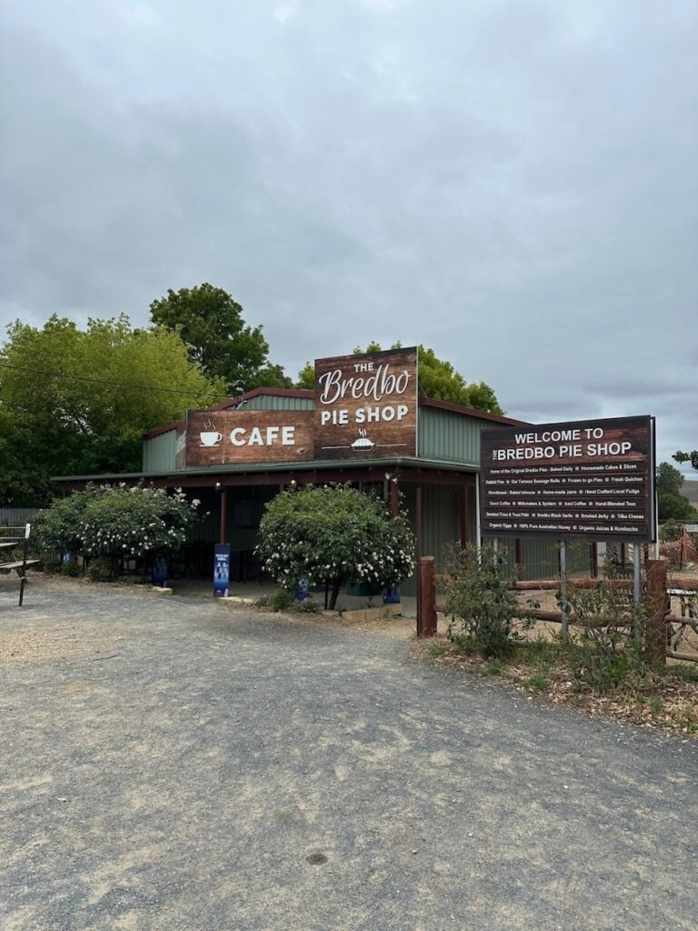 Entrance and parking area of Bredbo Pie Shop near Christmas Barn in Bredbo, NSW