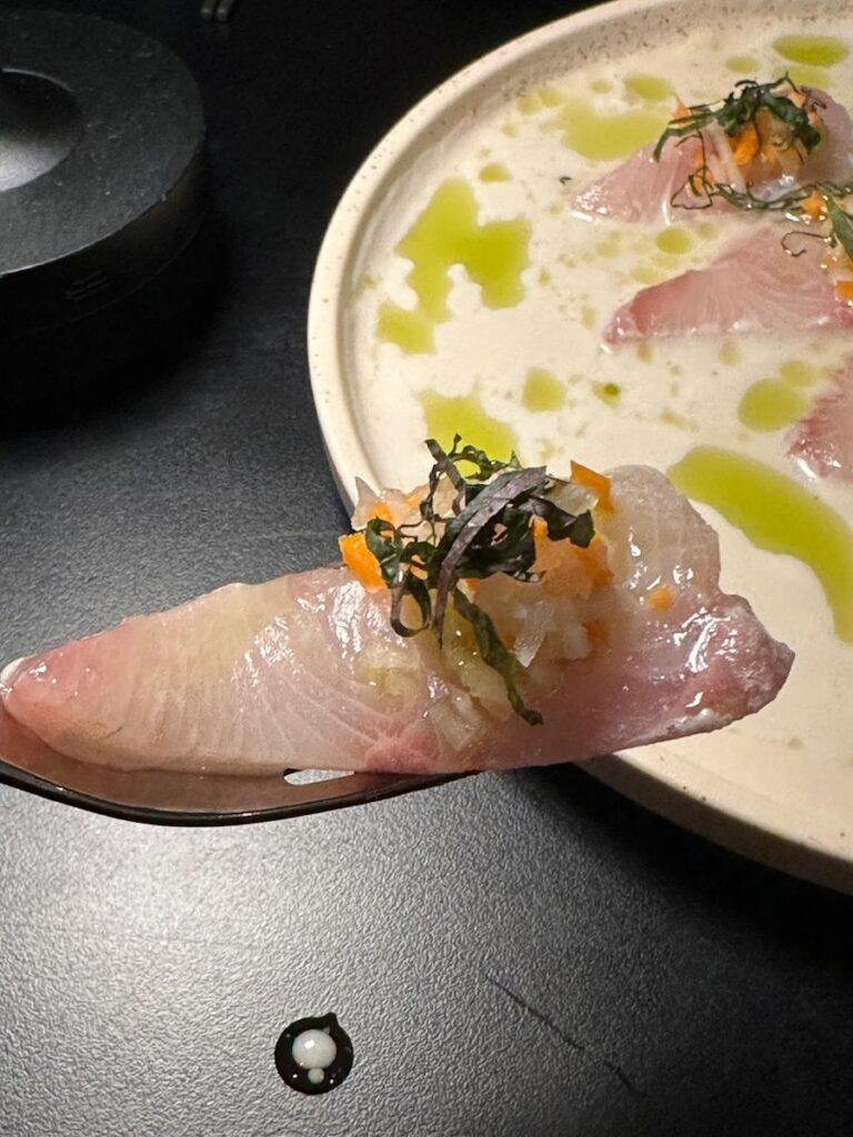Close-up of fresh Kingfish Crudo appetiser with green chili and pickles