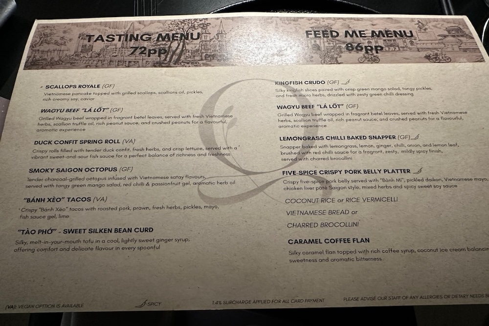 The Q Dining menu shows $72 Tasting Menu and $86 Feed Me Menu options