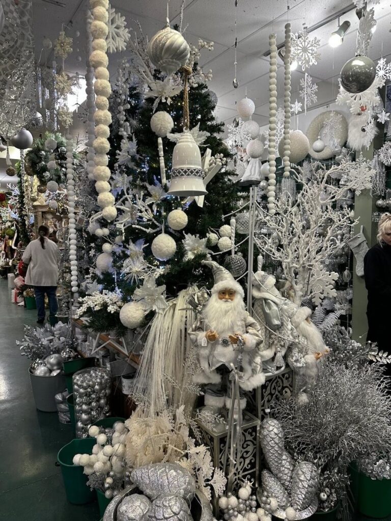 Elegant white and silver Christmas decorations at Bredbo Christmas Barn.