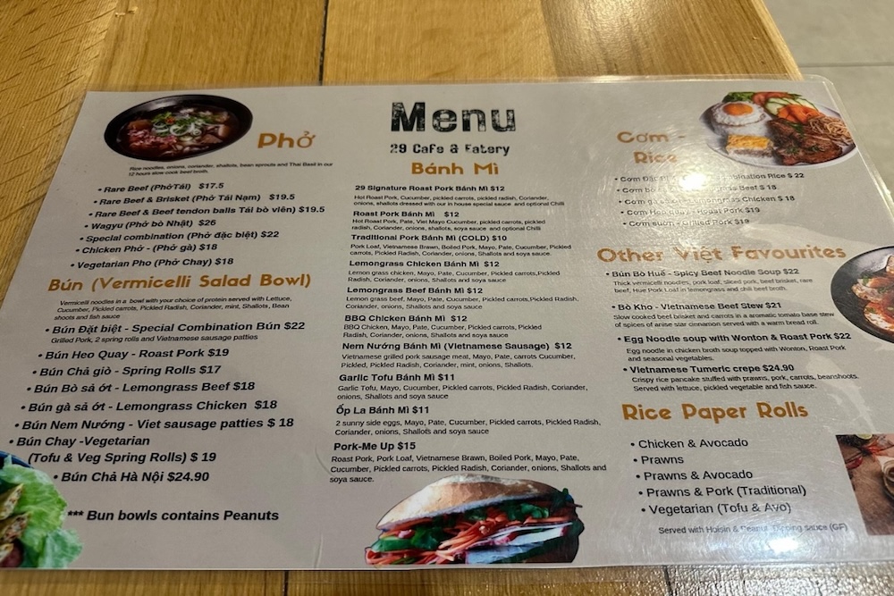 Close-up of the menu at 29 Cafe & Eatery