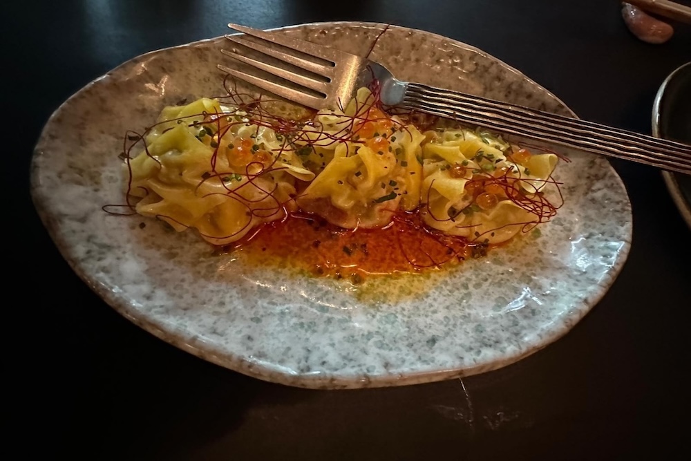 Lobster, prawn, and scallop dumplings with salmon roe at Azuma Den Canberra
