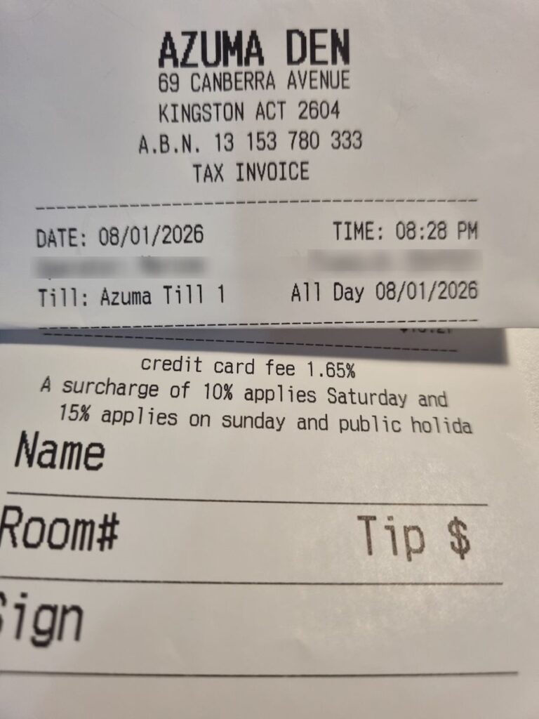 A receipt with surcharge informataion for Azuma Den Canberra