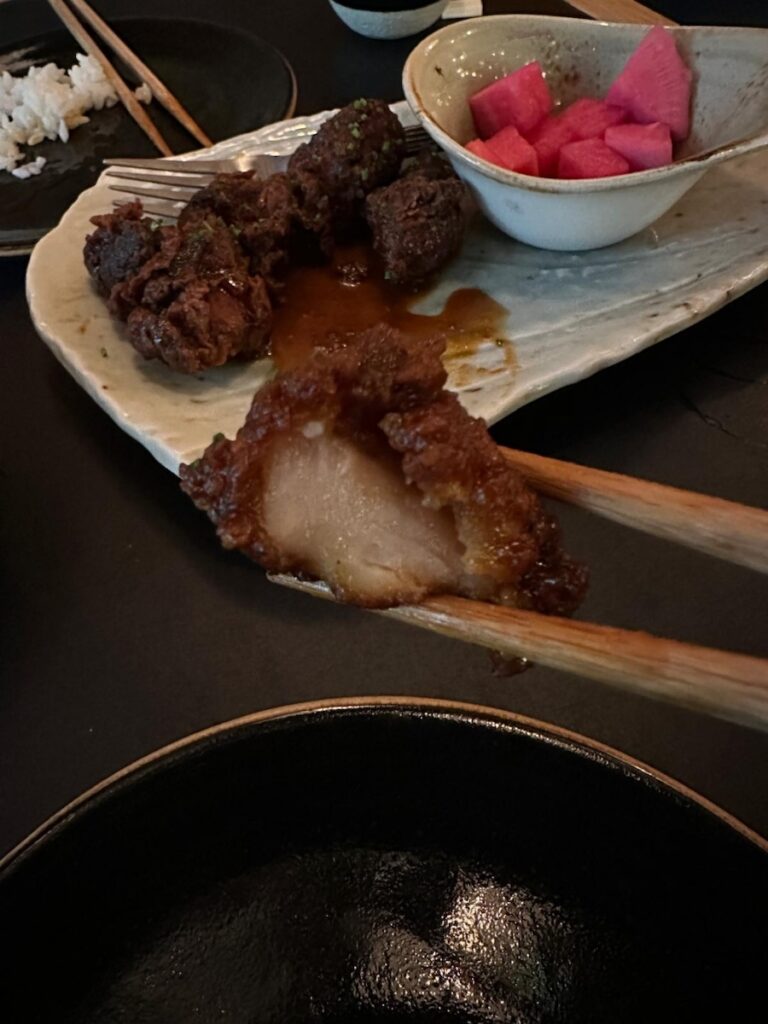 Soy garlic Korean fried chicken at Azuma Den Canberra, slightly dark and crispy outside, juicy inside
