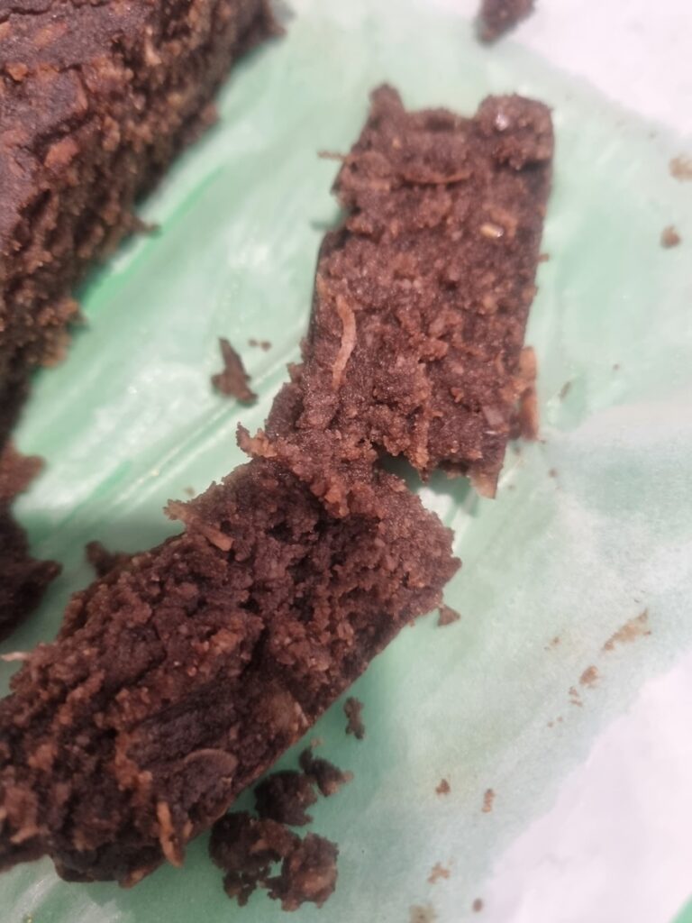 Oat milk rice flour brownie, soft and moist interior, less firm structure
