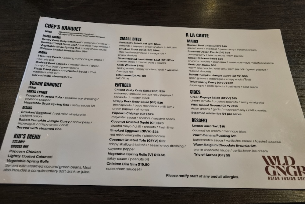 Wild Ginger Huskisson Menu