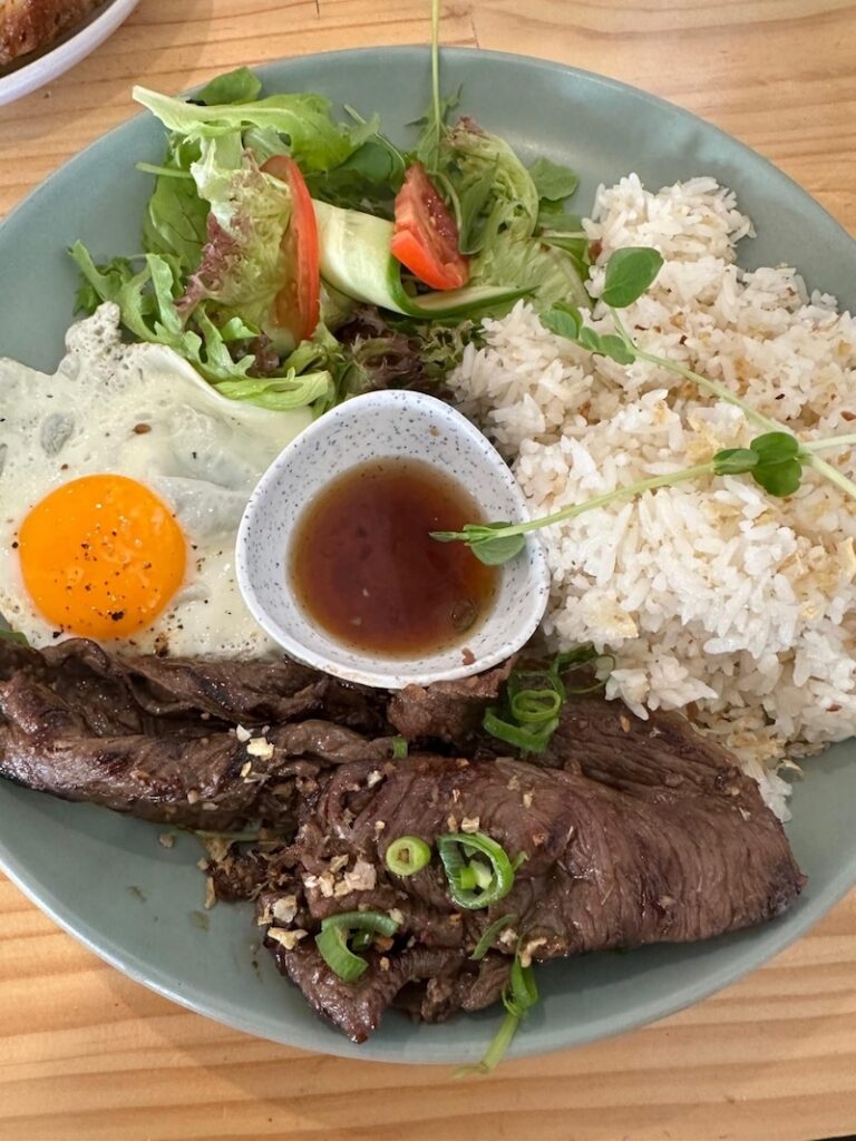 Filipino Beef Tapsilog marinated beef close-up at Northside Garden Cafe in Canberra